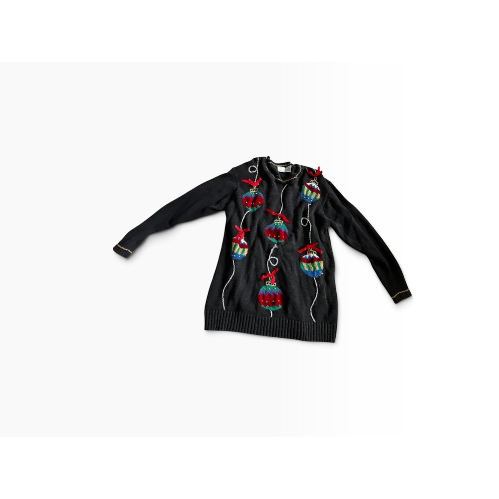 Laura Gayle Christmas Sweater XL Black Embroidered Ornaments Holiday 90s Vintage